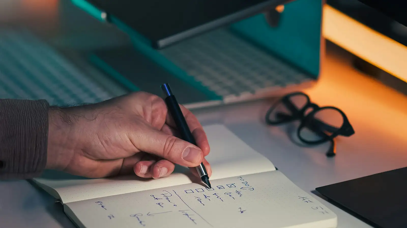 Hand schreibt eine Checkliste in ein Notizbuch an einem Arbeitsplatz mit Monitoren