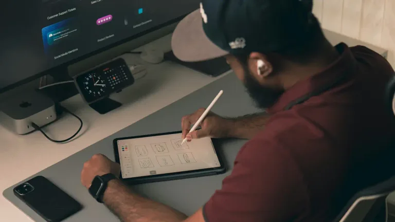 UX designer working on wireframes and interface sketches at a desk