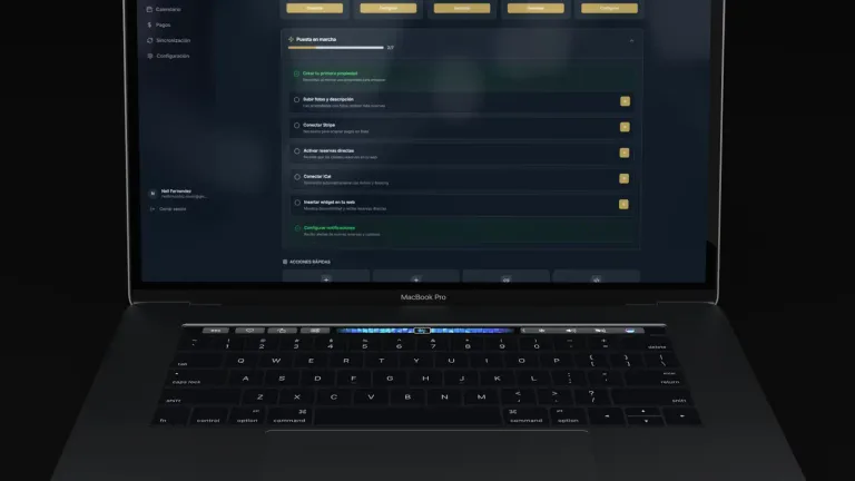 Laptop with a dark dashboard interface against a black background