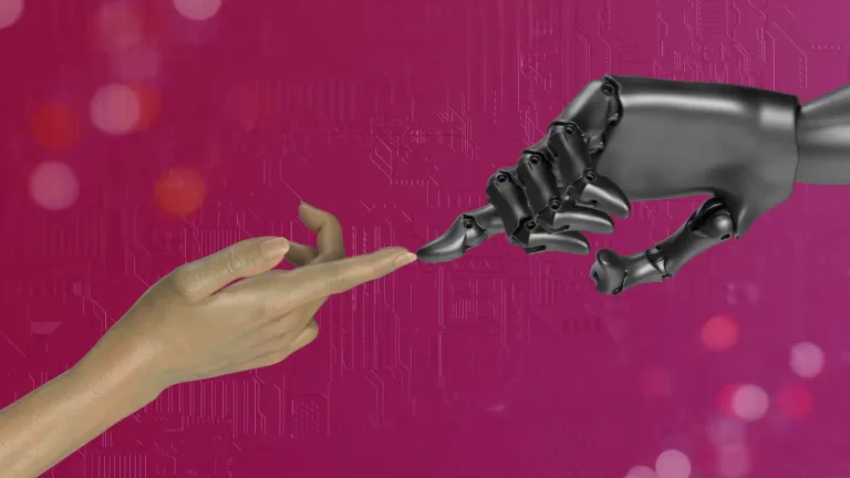 Human hand almost touching the finger of a robot hand against a magenta technology background